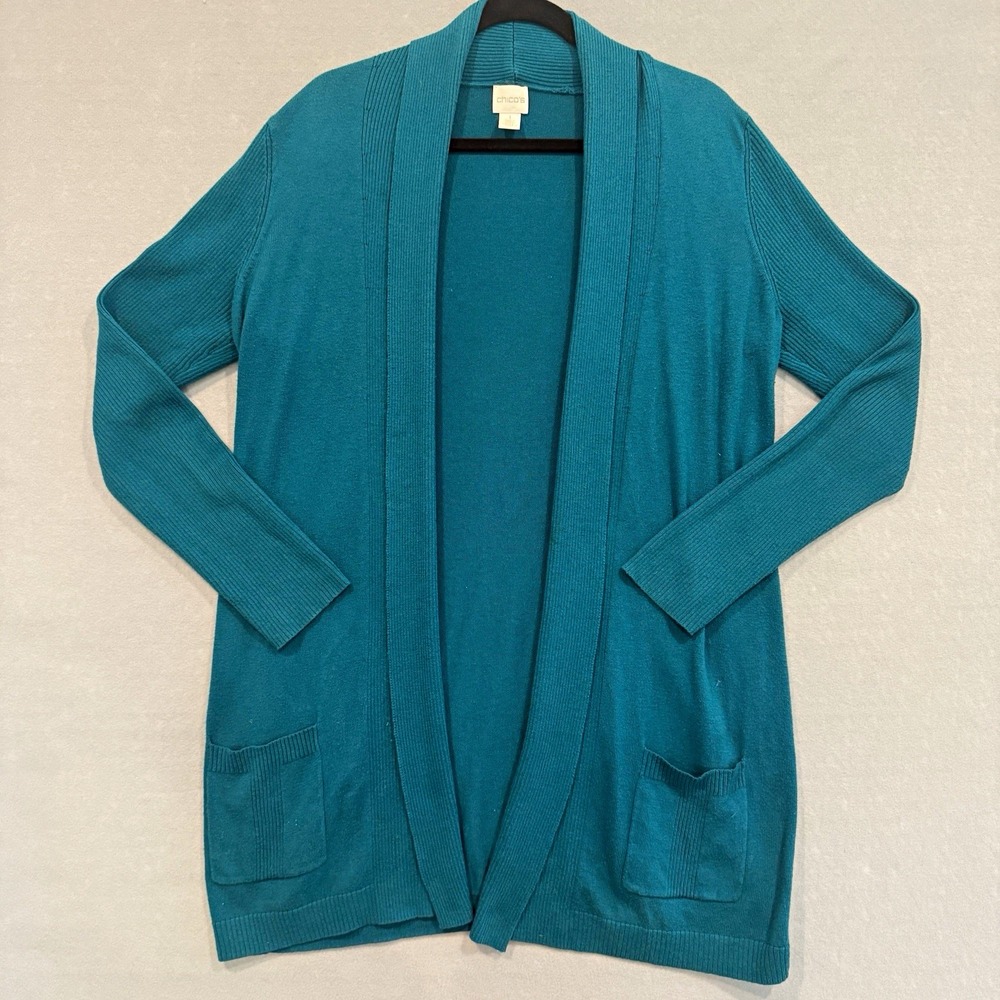 Chico's Womens Size 1 Teal Open Front Cardigan Sweater Long Sleeve Pockets